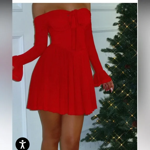 Miss Lola Vibrant Red Off-Shoulder Dress - Picture 2 of 6